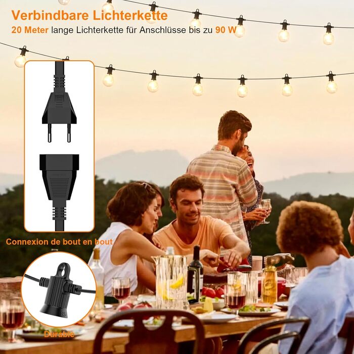 Ланцюжок прикрас Kawaya 10M з LED-лампами для зовнішнього використання, IP65, вологостійкий, теплий білий світлодіодний гірлянда для балкона, тераси, саду, вечірки, шлюбу, заднього двору