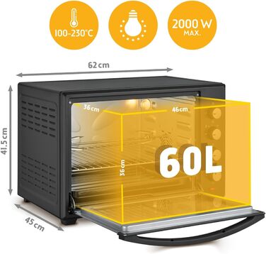 Міні-піч TZS First Austria 60L 2000W з регулюванням температури до 230°C, 6 режимів, таймер на 60 хв, 4 рівні встановлення, дека, решітка-гриль та вертулка