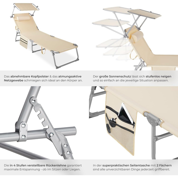 Лежанка для відпочинку Tectake®: розкладна, портативна, з кишенею, для саду, пляжу, кемпінгу - (Бежевий)