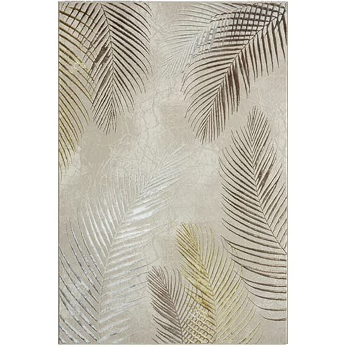 Сучасний килим для вітальні, елегантний блискучий килим з коротким ворсом для вітальні сірого кольору з золотим візерунком з срібних пір'я, килим(80 х 150 см, кремове перо)