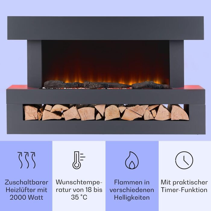 Електрокамін Klarstein Light & Fire 3 Smart, 2000 Вт, LED-імітація полум'я, з дистанційним керуванням, таймером, настінний, корпус MDF, чорний