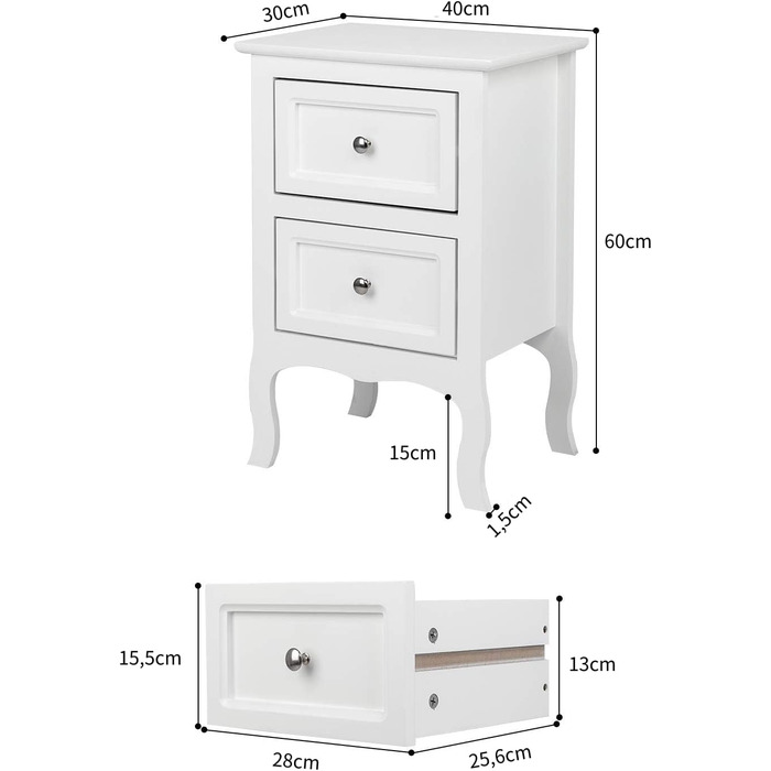 Тумбочка Bonnlo, набір з 2 шт. , біла, з 2 висувними ящиками, для пружинних ліжок, 40x30x60 см
