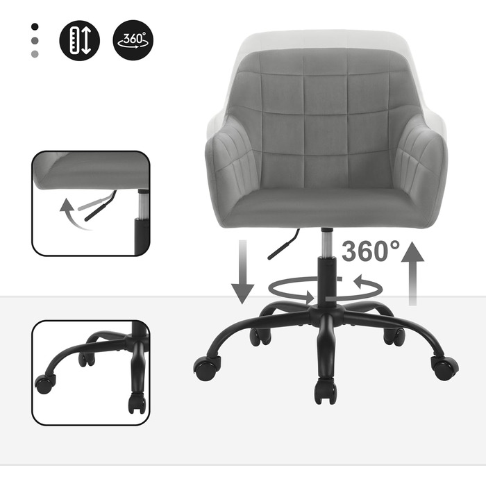 Офісний стілець WOLTU обертовий, ергономічний, з роликами, регульована висота, оксамит, темно-сірий/чорний для дому, офісу, спальні