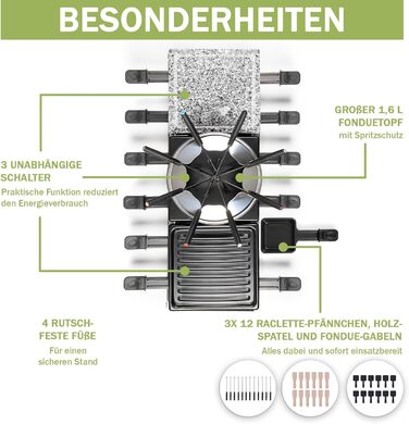 Електричний набір для раклет і фондю на 12 осіб: раклет-гриль, фондю-сет, міні-крепиця, антипригарні сковорідки
