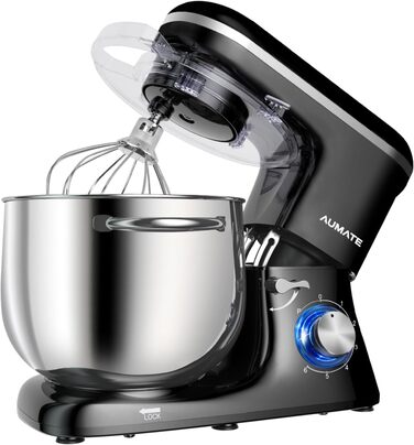 Кухонна машина AUMATE 1400W, 8 л, з міксером, гаком для тіста та вінчиком, 6 швидкостей, чорний колір