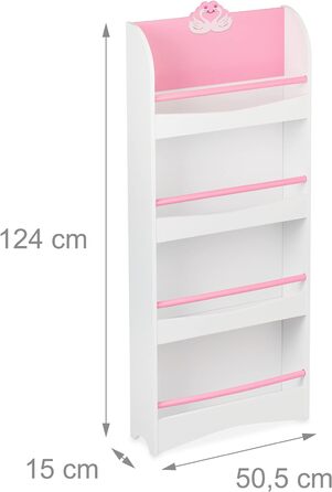 Дитяча книжкова шафа Relaxdays, ВхШхГ 124 x 50.5 x 15 см, 4 відділення, МДФ, Дитяча етажерка з лебединим мотивом, білий/рожевий