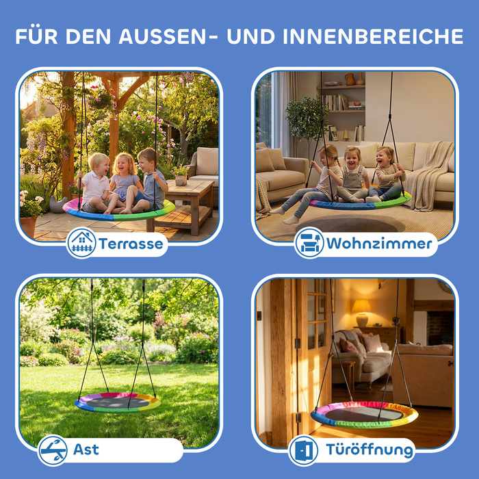 Дитяча гойдалка-качель з регульованою висотою, вантажопідйомністю до 300 кг та регульованими мотузками, розміром 100 x 100 x 180 см, у різних кольорах.