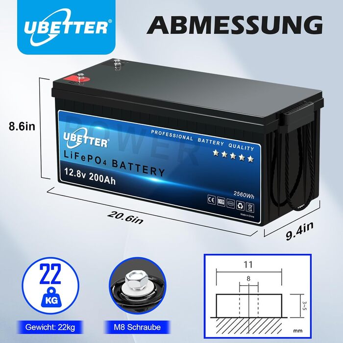 Акумулятор UBETTER Mini 12V 100Ah LiFePO4, 100A BMS, 1280 Втгод, 4000 циклів, термін служби 10 років, Bluetooth