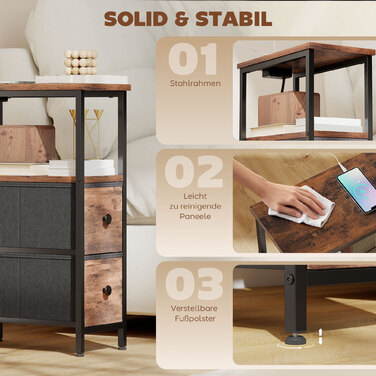 Журнальний столик-приліжний столик з підзарядною станцією, сталевий каркас, 2 висувні ящики з тканиною, відкритий відсік, розміри 20x40x63 см, колір: рустикальний коричневий.