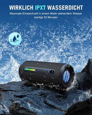 Портативна Bluetooth колонка OHAYO 24W з RGB підсвічуванням, басами, IPX7, 30 годин роботи, мікрофоном, для відпочинку на природі (чорна)