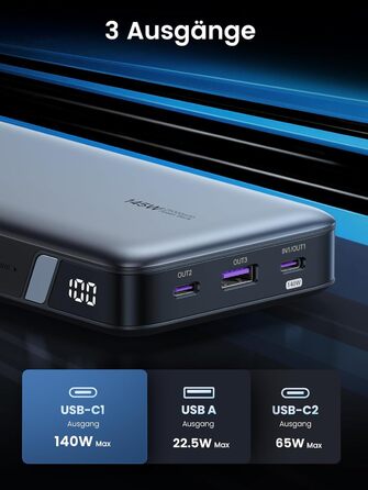 Вт 25000 мАг, 3 шт. USB-C, дисплей, сумісний з MacBook, iPhone, Galaxy, Dell, 145