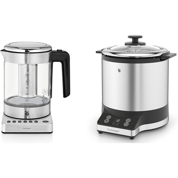 Електричний чайник-заварник WMF Küchenminis 2 в 1 з регулюванням температури, 1л, 1900 Вт, скляний, з тримачем для пакетиків та ситом