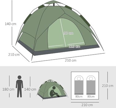 Кемпінговий намет Відкритий намет Сімейний намет Швидкий намет 2 дорослих 1 дитина 4 сезони Водонепроникна сумка для перенесення 2 двері Поліестер скловолокно темно-зелений 210 x 210 x 140 см