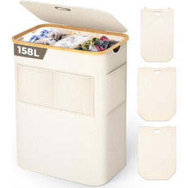 Кошик для білизни OUSFOT з кришкою, 3 відділення, 158л, сортер для білизни, знімний мішок, сітчаста кишеня, бамбукова коробка для білизни, бежевий