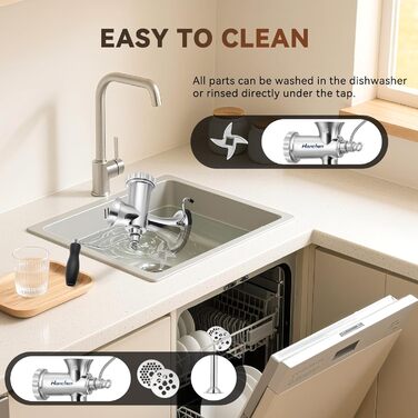 М'ясорубка ручна Hanchen з нержавіючої сталі з присоскою, насадкою для ковбас та 2 дисками, посудомийна, для м'яса та овочів