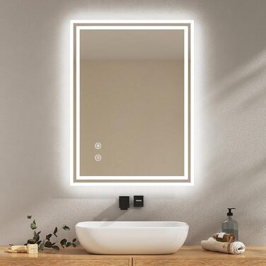 Дзеркало для ванної кімнати EMKE з підсвіткою 50x60 см, антизапарник, холодний білий, диммування, сенсорне управління, функція пам'яті, автоматичне вимкнення через 3 години, IP44, енергозберігаюче (90x70 см)