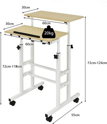 Стіл сидячи з регулюванням висоти, стіл для креслення комп'ютерного столу з коліщатками, мобільний стіл стоячи з 2 окремими робочими місцями, робочий стіл для ПК (бежевий)