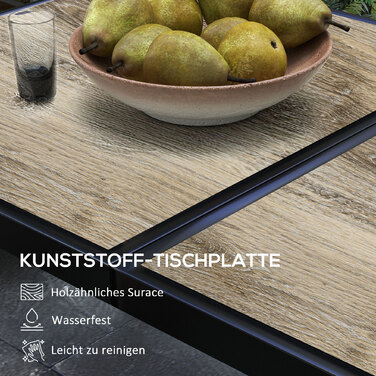 Зовнішній стіл для 6 осіб, з імітацією дерева, металевий каркас, стійкий до погодних умов, 145 x 85 x 72 см, сірий