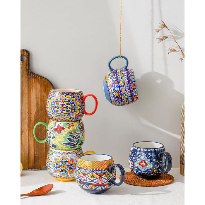 Набір чашок для капучино HENXFEN, 6 шт., 600 мл, порцеляна, з ручкою, для кави, чаю, молока, капучино, богемний стиль