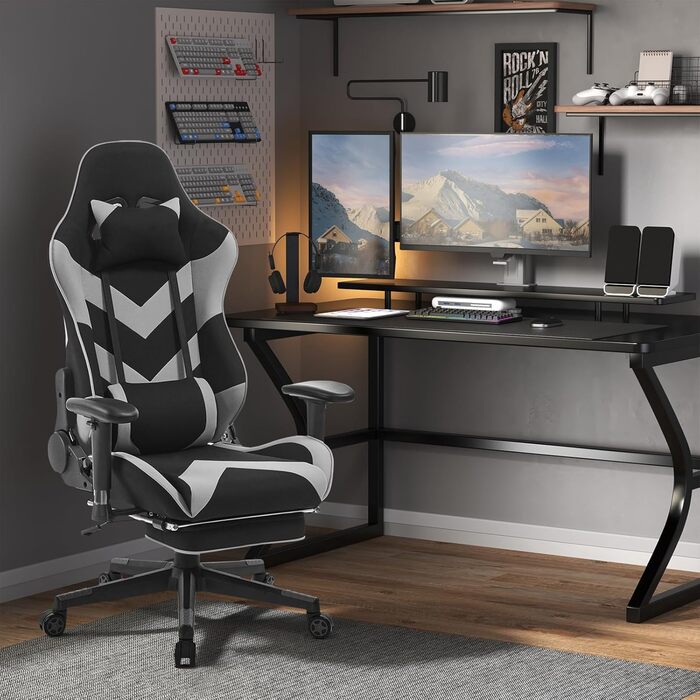 Крісло ігрове WOLTU з тканини, дихаюче, для літа, ергономічне, з підтримкою попереку, для геймерів, racing, PC, з функцією гойдання та підніжкою, для стрімінгу, чорно-сіре, тканинне