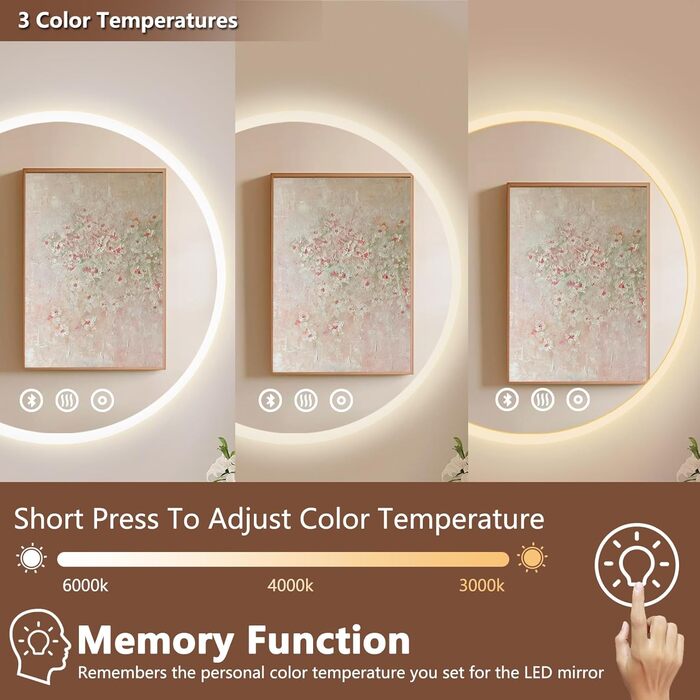 Дзеркало для ванної кімнати Habison з підсвічуванням 70x70 см LED, з годинником, сенсорним вимикачем, регулюванням яскравості, протизапобіжним покриттям, 3-кратним збільшенням, Bluetooth