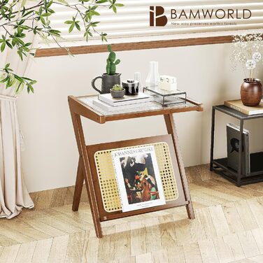 Приліжкова тумбочка Bamworld з ротанга в стилі бохо Mid Century Modern зі склом і зберіганням