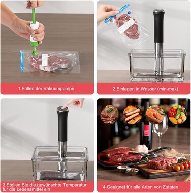 Cooksir Су-від Гастрономічний пристрій, 1400W, 35см, з нержавіючої сталі, Wi-Fi, сенсорне керування, LED, комплект вакуумних пакетів та насос, кулінарна книга