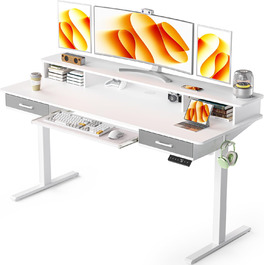 Регульований за висотою стіл WALKINGDESK з електроприводом, 160x60 см. Стіл для дому та офісу з висувними ящиками та підставкою для клавіатури, білий
