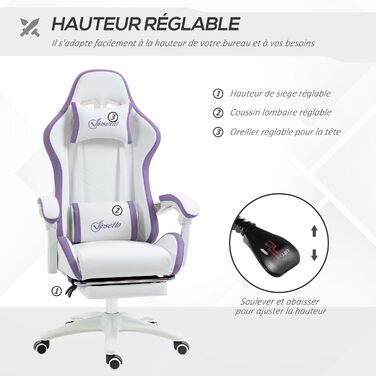 Крісло ігрове Vinsetto Ergonomic з регульованою підніжкою, спинкою 135°, підголівником та поперековою підтримкою, офісне, 360° обертання, PU, біле