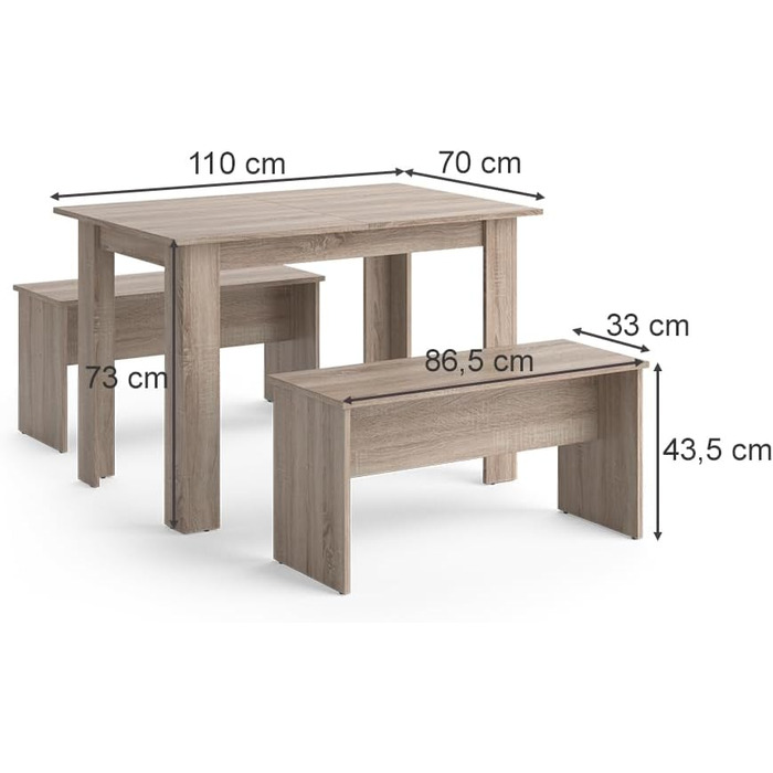 Набір обідніх столів Vicco Sentio, дуб, 110x70 см, 2 лавки (Sonoma)