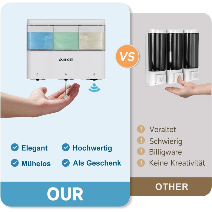 Дозатор мила для душу AIKE 3x320мл, автоматичний настінний дозатор, без свердління, для гелю/шампуню для душу (білий)