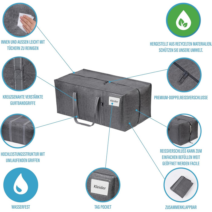 Літрова дуже велика сумка для зберігання з міцними ручками та блискавками для переміщення, зберігання одягу, мішків для прання, дорожньої сумки, багаторазова (2 упаковки) (сіра, 10 упаковок), 86-