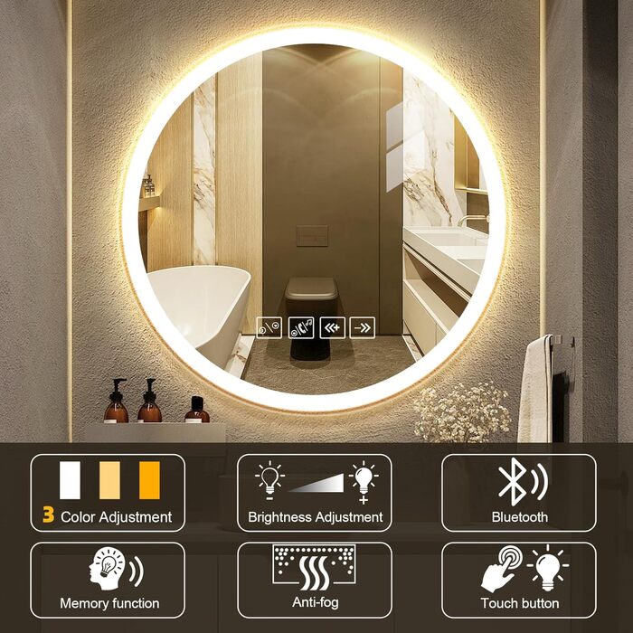 Дзеркало для ванної кімнати 600мм з підсвічуванням, регульованою яскравістю, сенсорним вимикачем, функцією проти запотівання та таймером | IP44, вологостійке, кругле дзеркало з підсвічуванням для ванної кімнати, готелю (з музикою)