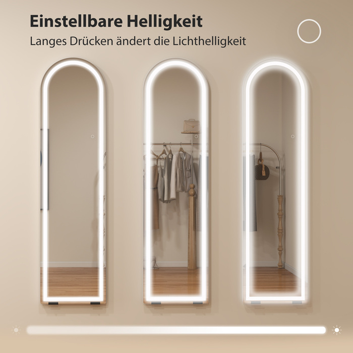 Дзеркало повного тіла з LED-підсвіткою, 150 x 40 см, арочної форми, з регулюванням яскравості, 3 колірні режими, може встановлюватися на підлозі або кріпитися до стіни, білий