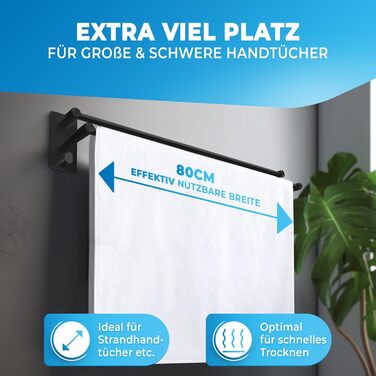 Тримач для рушників без свердління, чорний, 80 см, нержавіюча сталь, подвійний, самоклеючий, з 2 гачками, для ванної кімнати, душової кабіни, кухні