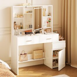 Дзеркальний туалетний столик JUMMICO з LED-підсвічуванням (3 режими яскравості, 3 колірні температури), великий комод з 6 відділеннями, 2 ящиками, бічною шафкою та полицею, 117x40x140 см, білий