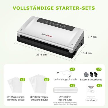 Вакууматор Bonsenkitchen для продуктів, потужний вакуумний пакувальник з 5 режимами, 8 л/хв, технологія Globefish, чорний (комплект: 5 пакетів та 1 рулон)