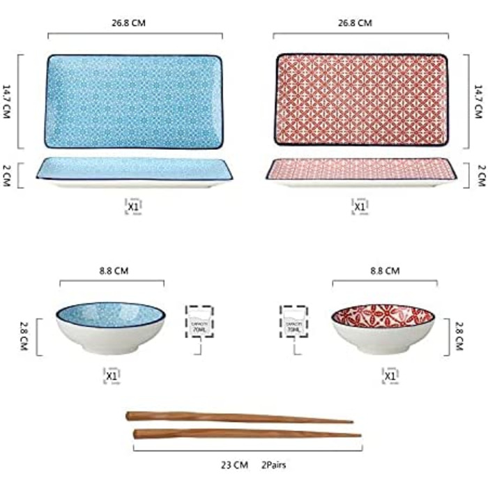 Ванкассо порцелянові миски для занурення, Маракон 8 шт. миски різнокольорові, миски для закусок діаметром 8,8 см, сервірувальні миски (суші набір з 6 шт. (синій, червоний))