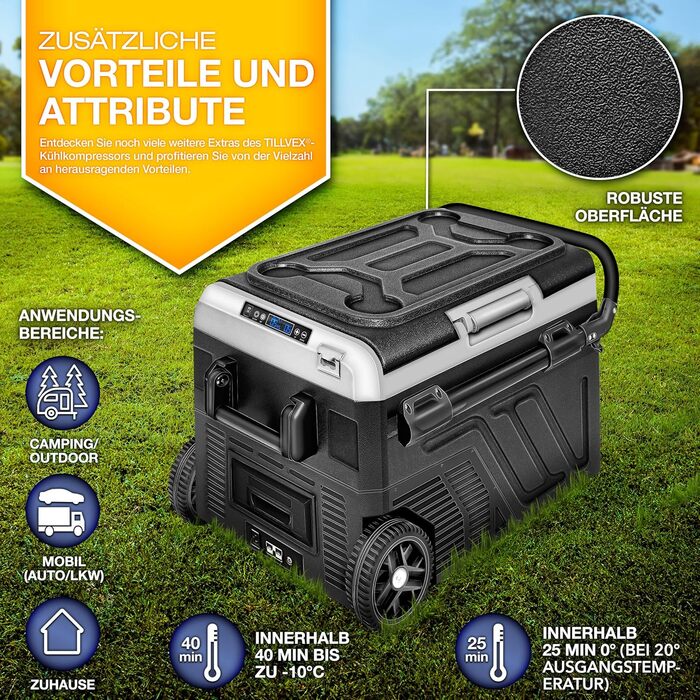Автомобільний холодильник Tillvex Kompressor 40/50 л електричний з Wi-Fi та охолодженням до -20°C для авто, вантажівок, кемпінгу (12/24V, 230V, з акумулятором, чорний)