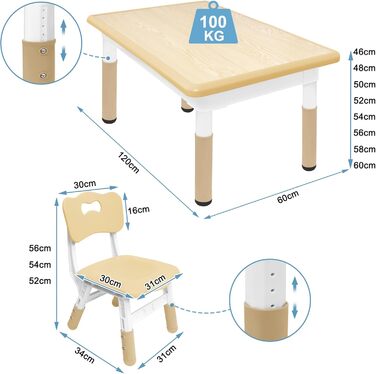 Дитячий стіл з 4 стільцями AufuN, регульована висота, набір для дитячої кімнати, садка, класів, легко миється, пластикові меблі, коричневий