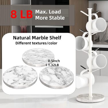 Підстаканник Gypie Marble, 8 гачків, міцний, підставка для чашок для кухні, стійки, кафе, (білий)