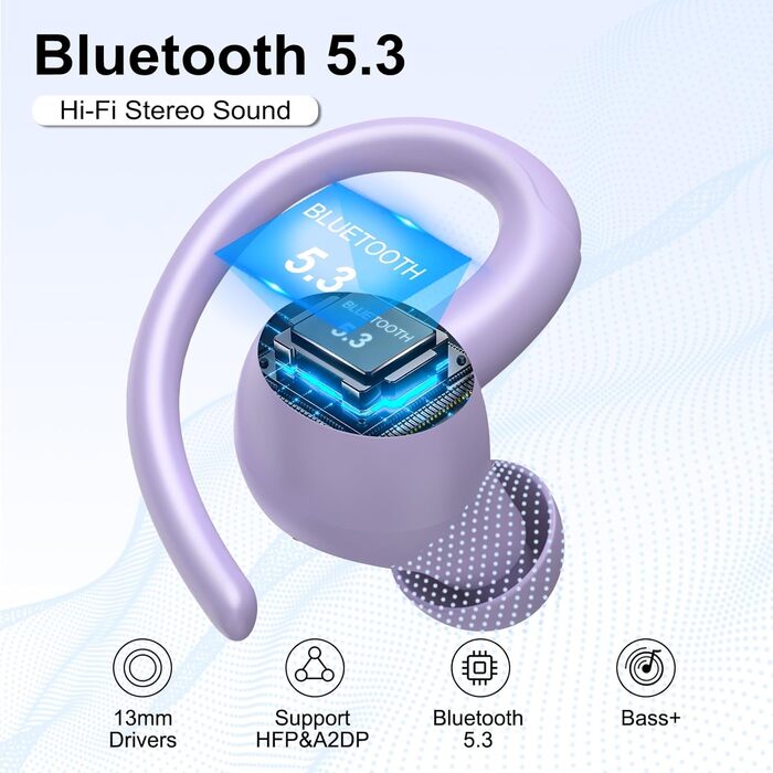 Спортивні навушники Csasan Bluetooth 5.3 з вушними гачками, 48H, мікрофон ENC, світлодіод, сенсорні, IP7 (фіолетовий)