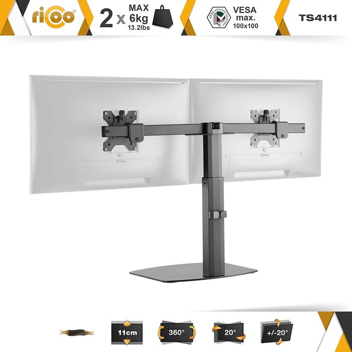 Підставка для монітора RICOO 2 монітори, Dual Monitor-Arm, TS3811, TS4111, для моніторів 17-27 дюймів
