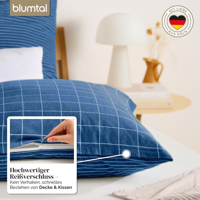 Комплект постільної білизни Blumtal Biber 200x200 см + 2x 80x80 см, бавовна, фланель, Oeko-Tex, ультра м'яка, для зими, з ефектним двостороннім дизайном, тауп (синій візерунок)
