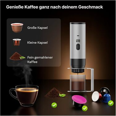 Портативна кавомашина MMOBIEL: електрична еспресо-машина з підігрівом, USB-C, для кави та капсул. Ідеально для подорожей, кемпінгу, дому, офісу. Білий колір + підставка