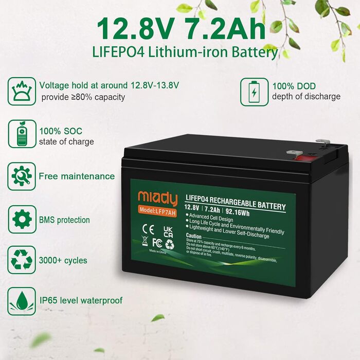 Акумулятор Miady 12V LiFePO4 із захистом BMS, 3000 циклів, не потребує обслуговування для сонячної системи, автофургонів, човнів, кемпінгу (7Ah)