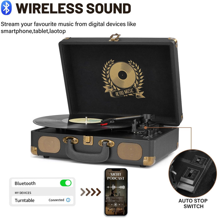 Вініловий програвач із Bluetooth, стереодинаміками, RCA та AUX, 3 швидкості, ретро дизайн, чорний