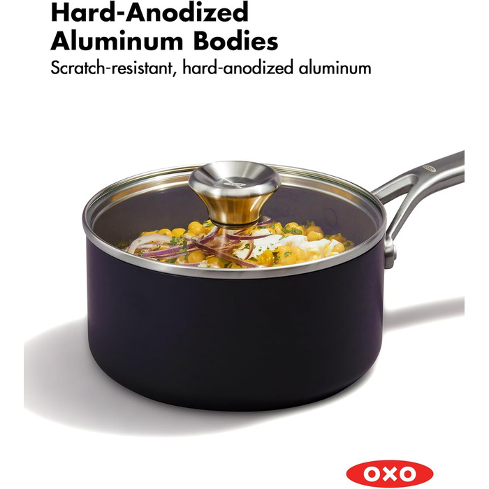 Набір каструль OXO Professionelles з кришкою, керамічне антипригарне покриття, індукційні, нержавіюча сталь, діамантова обробка, безпечні для здоров'я, для посудомийної машини, для духовки, 1.7QT та 2.3QT, чорний