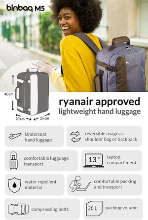 Рюкзак blnbag M5 для літака Ryanair 40x20x25 см, Дорожня сумка для рюкзака під сидінням, зручна упаковка у вигляді валізи, 20 л, Чорний M5 темно-сірий / Сірий