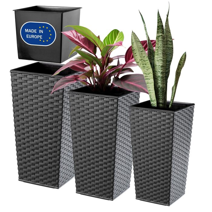 Набір квіткових горщиків KADAX 3 шт. з внутрішнім горщиком, 36/46,5/57,5 см, графітовий ротанг, для дому та саду